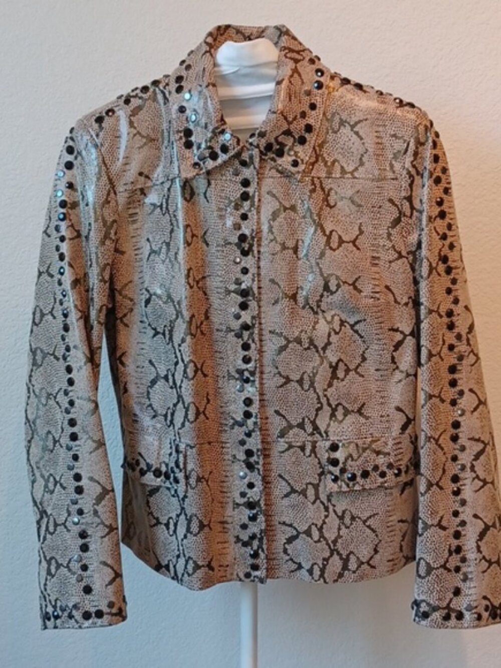 Pamela McCoy Genuine Leather Tan Snakeskin Print Embellished Jacket, Womens Lg
